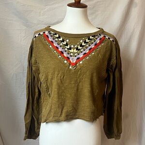 Free People Olive Long Sleeve Top with Embroidery